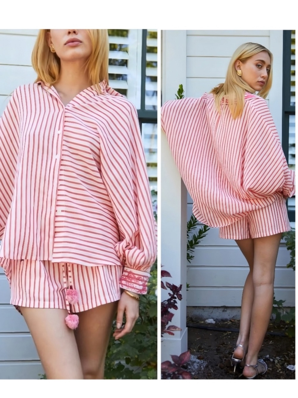 Just Bellina embroidered coral oversized button down top with gold accents